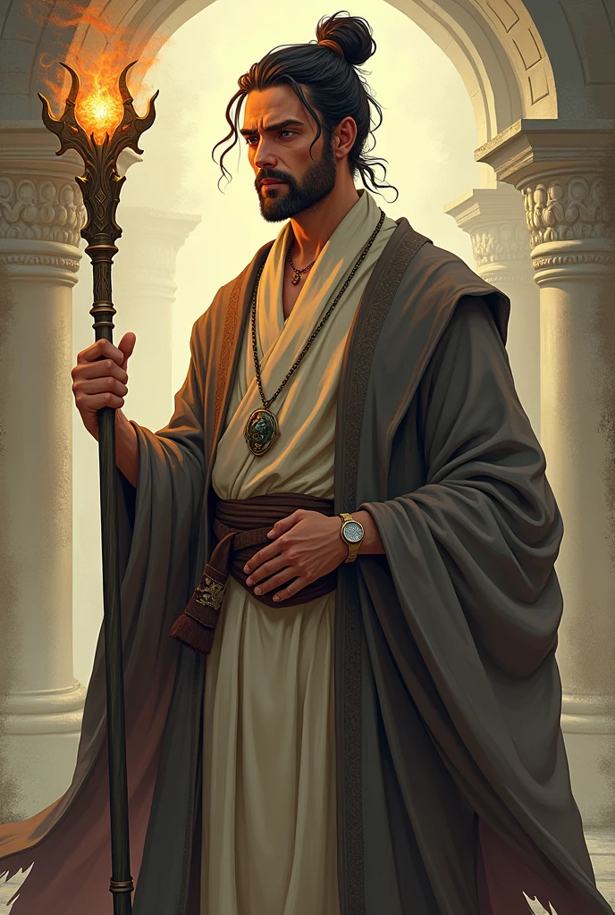 crie um homem, he's a wizard, he has his hair in a bun style, make it in the art style of dungeons and dragons VOX MACHINA from critical role create it with a friendly and calm face