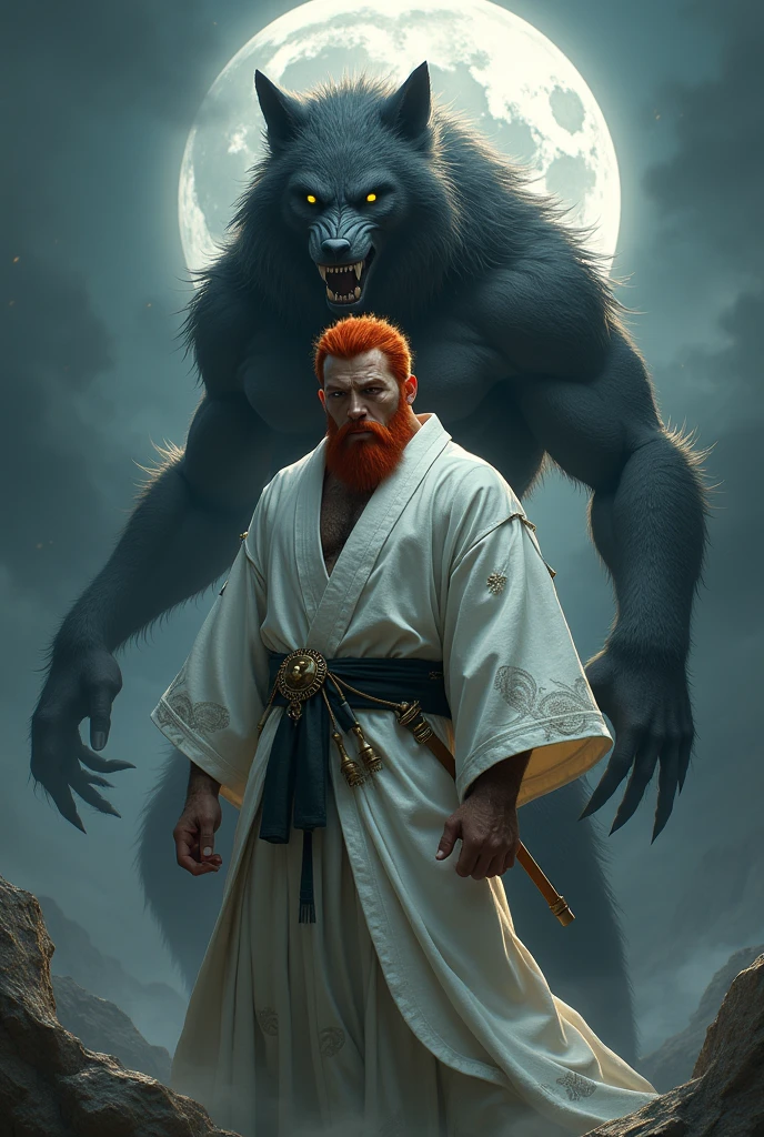 A skinny, red-haired, handsome Asian man, with scars all over his body. When in human form, he has bright yellow eyes and a thick beard. In werewolf form, he is a colossal beast, with dark gray fur and sharp claws. wearing a white Yukata with full moon details.

