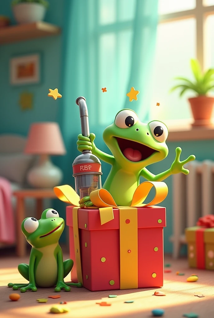 theme:Scene of Happiness, Vacuum cleaner pops out of gift box, The best happy performance、be happy、smiling frog、