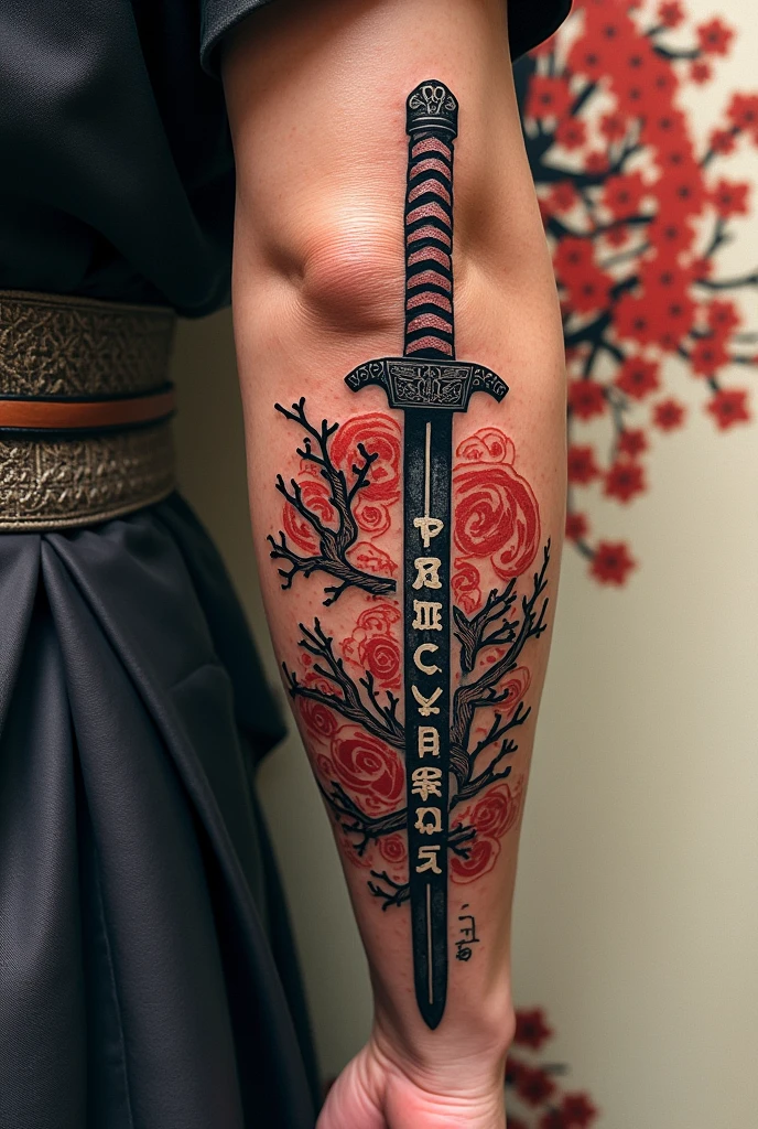 Tattoo on the forearm of a samurai with a sword and the name of : mom cleme