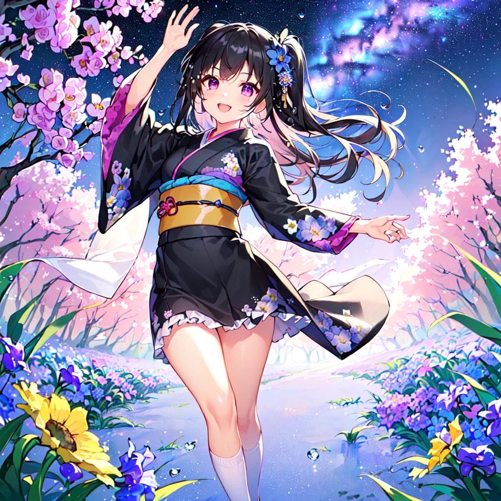 masterpiece, best quality, high quality, extremely detailed, very delicate and beautiful, (1 female 1 solo:1.5), (long black hair up to waist with two side up:1.5), bangs to eyebrows, eyes (eyes sharp, strong and glossy, eyebrows glossy, (eye color magenta: 1.3), 6.5 head height, (kimono fashion with dewdrops and flowers print: 1.3), knee socks, lace, frills, (smiling), (running: 1.3), (dynamic pose), (background dayflower dewdrops and flowers field summer: 1.3), (blue sky: 1.3,(Milky Way Night Sky:1.3)