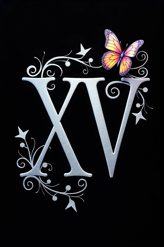 Make a fifteenth birthday card invitation with a black background that says miracles in silver glitter and the fifteen in Roman numerals with a butterfly posing on the number and arabesques