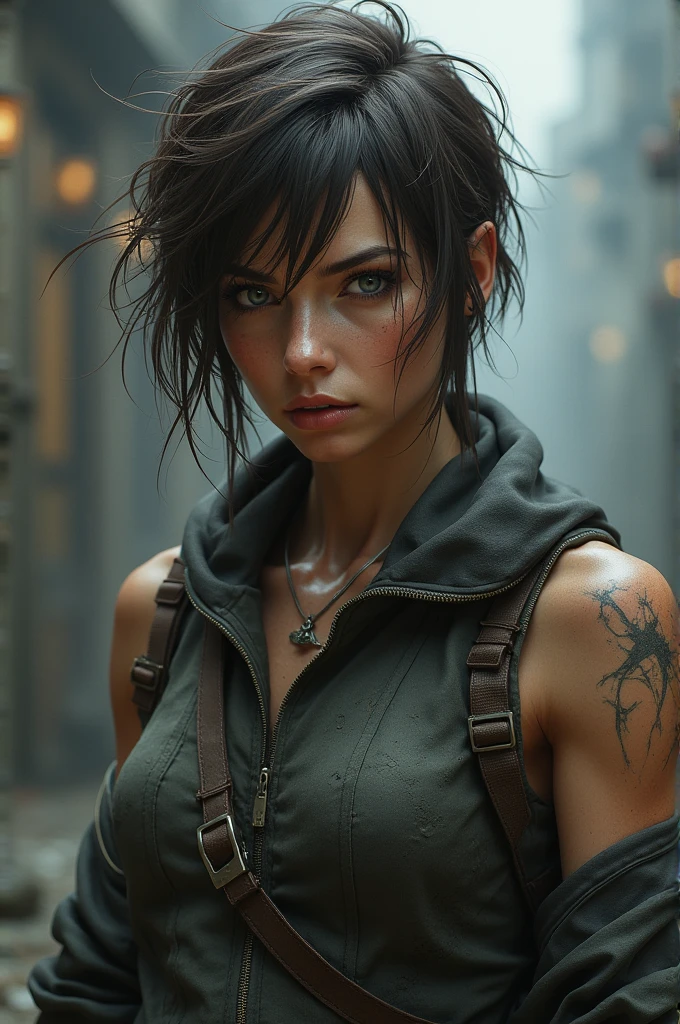 Generates a woman with gray eyes and short brown hair who is tough