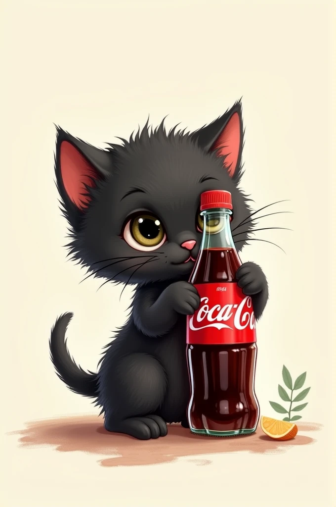 Drawing of a black kitten drinking Coca-Cola 