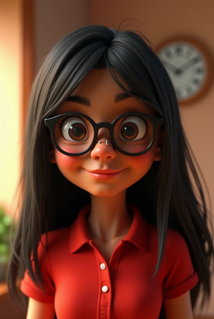 Cartoon characters of a young woman BROWN SKIN STRAIGHT HAIR, long and black, WITH GLASSES WITH A NOSE EARRING AND A RED POLO SHIRT animation style rendering, 3D stylized, Arnold Maya rendering, Render 3D stylized, , 3D character, 3D character, Stylized 3D rendering, 3d character rendering, cartoon character, Close-up character, Character pose, (pixar style) (master part:1.2) (bokeh) (Best Quality) (detailed skin) (detailed texture) (8k) (clay) (cinematic lighting) (sharp focus
