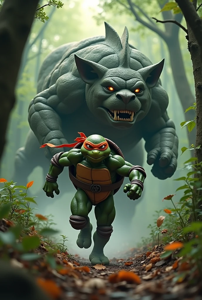 Ninja turtle running wrapped in Cerberus In a forest