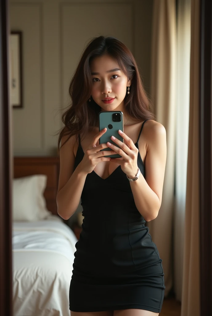 Beautiful girl asian with smooth long hair black, Black dress, she is taking a photo in the mirror with a cell phone, That you can see the face, perspective of the cell phone camera, dynamic pose