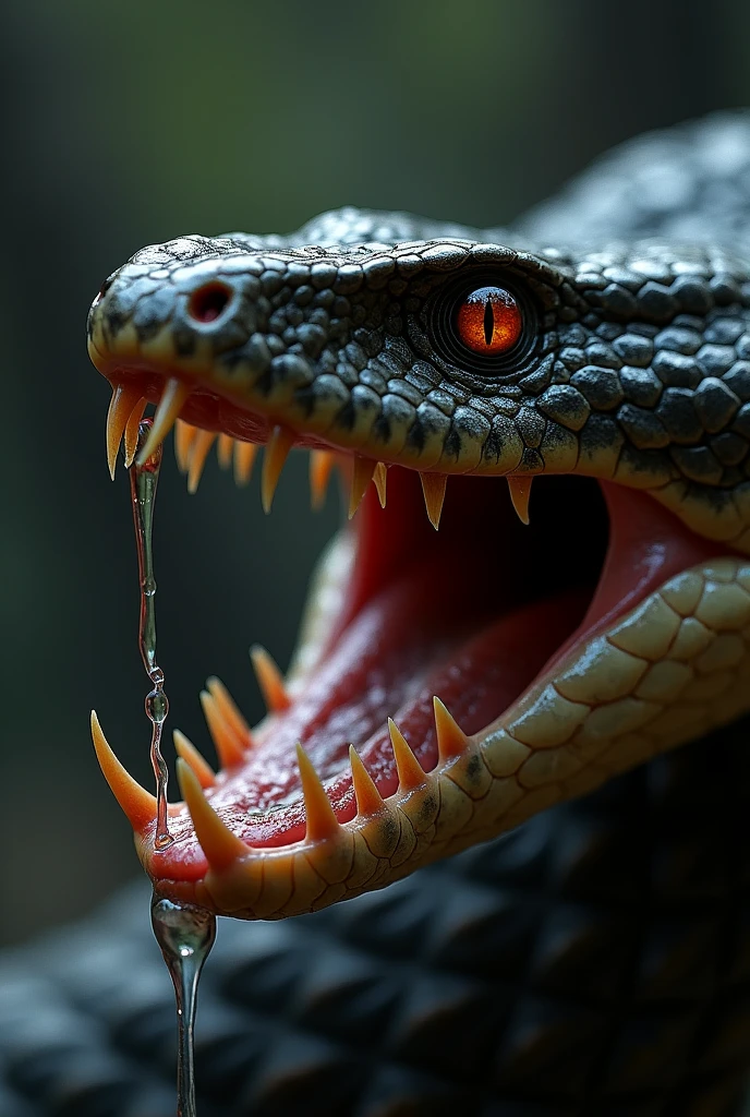 the mouth of a snake, seen from a side angle, with its mouth open, with several teeth in its jaw, saliva between the teeth, high detail and realism, unreal engine 5.8k --ar4:5 -- v5 --q 2 --s 1000