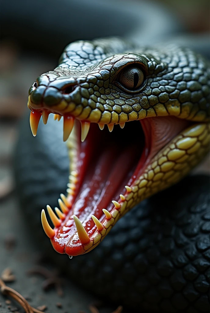 the mouth of a snake, seen from a side angle, with its mouth open, with several teeth in its jaw, saliva between the teeth, high detail and realism, unreal engine 5.8k --ar4:5 -- v5 --q 2 --s 1000