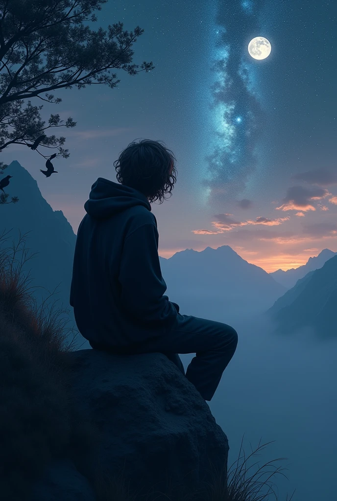 (photorealism:1.2), a 25 year old boy with wavy hair sitting on the top of a mountain, wearing black.hoodie, hair is flowing in wind,looking at the sky, birds are on the tree, sky full of.stars,broken star, boy is looking at the broken stars, nebula on the sky, half moon, romantic weather, dark environment, view from back 