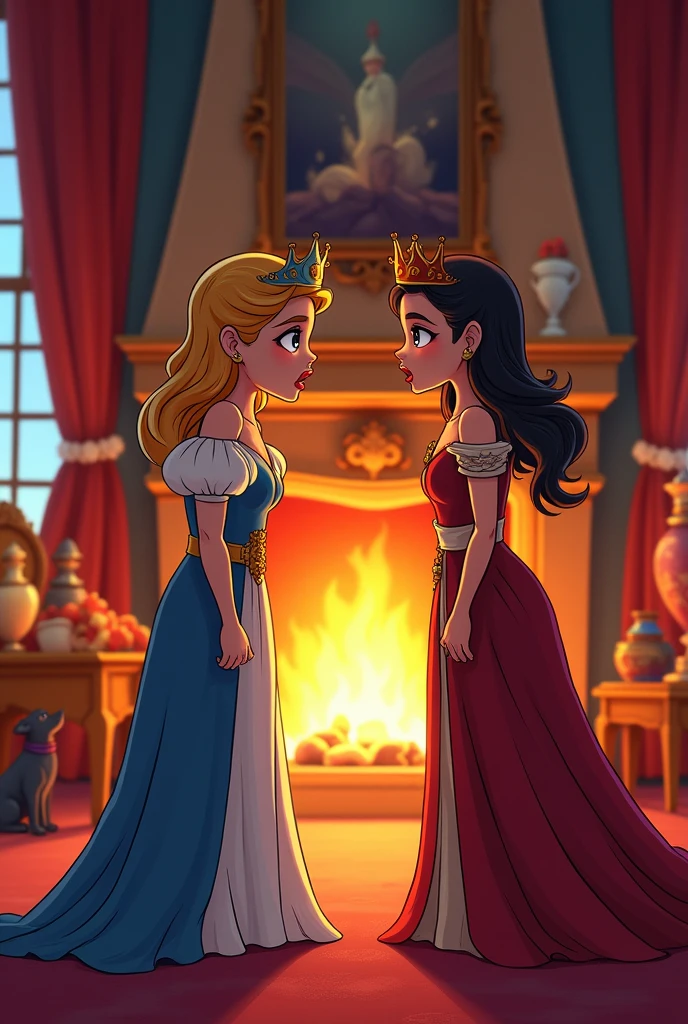 Create a scene of a queen and princess arguing, with a fireplace in the background in a cartoon style
