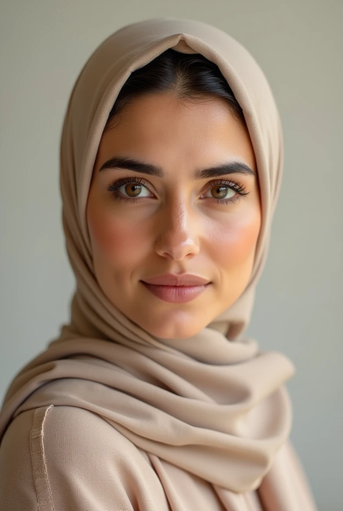 A 30-year-old Arab Muslim woman with an elegant and serene appearance. She has deep brown eyes, a warm smile, and wears a stylish hijab that complements her modest yet fashionable attire. Her complexion is a warm olive tone, and she exudes grace and confidence. The background is soft and neutral, highlighting her beauty and the peaceful expression on her face.
