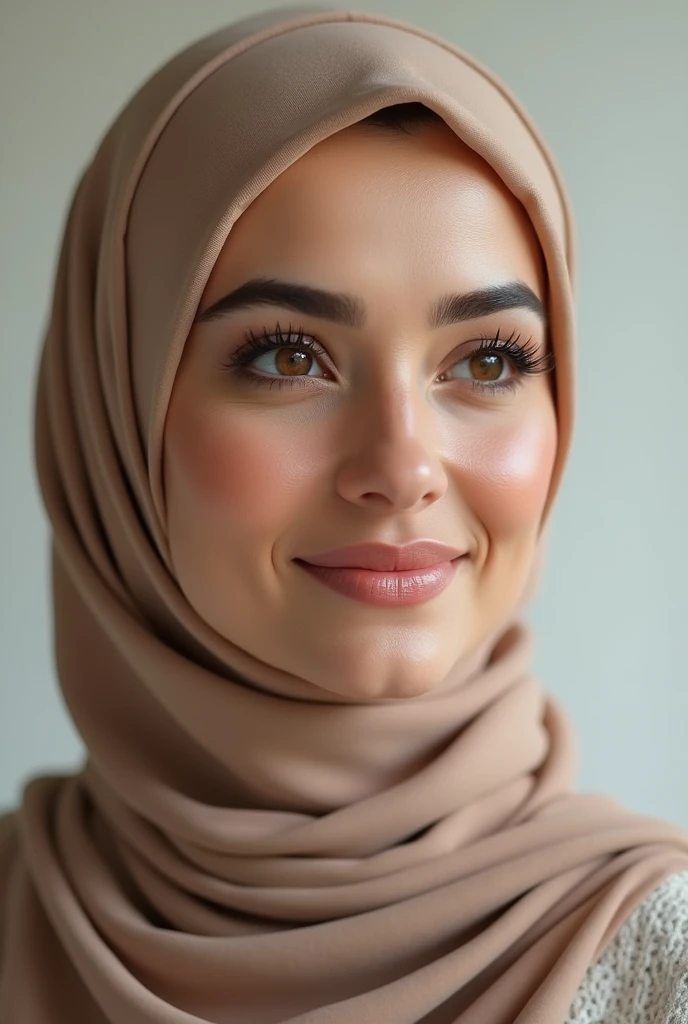 A 30-year-old Arab Muslim woman with an elegant and serene appearance. She has deep brown eyes, a warm smile, and wears a stylish hijab that complements her modest yet fashionable attire. Her complexion is a warm olive tone, and she exudes grace and confidence. The background is soft and neutral, highlighting her beauty and the peaceful expression on her face.