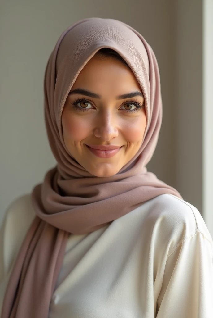 A 30-year-old Arab Muslim woman with an elegant and serene appearance. She has deep brown eyes, a warm smile, and wears a stylish hijab that complements her modest yet fashionable attire. Her complexion is a warm olive tone, and she exudes grace and confidence. The background is soft and neutral, highlighting her beauty and the peaceful expression on her face.