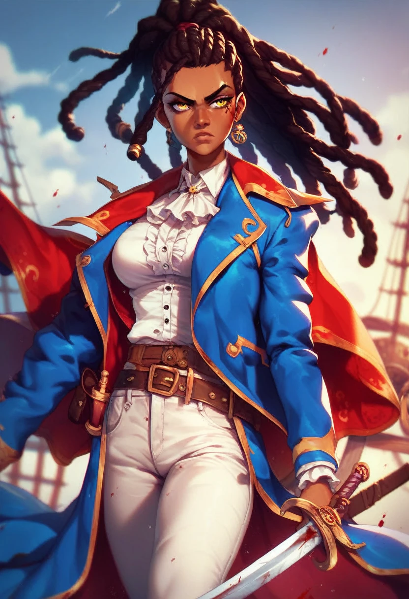 black pirate woman with long dreadlocks tied in a ponytail, yellow eyes clothes covered in blood, blue coat, white pants, white half opened oversize shirt, serious face, weapons and garters all over her, stormy weather, dark sky, on ship, walking at the viewer menacingly, sword in hand