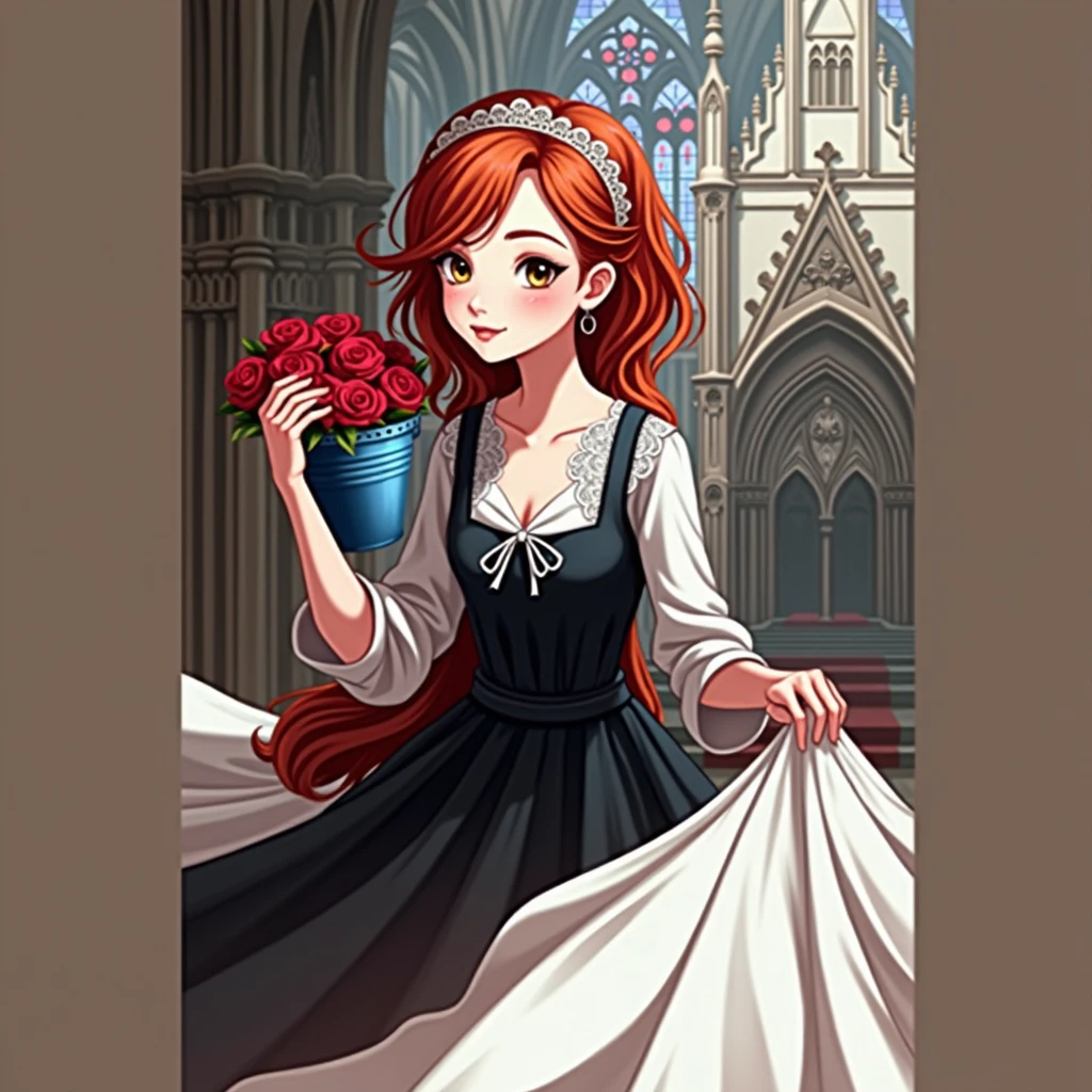Create a picture of this character wearing a wedding dress while holding a bucket of roses in her hand with a church background.