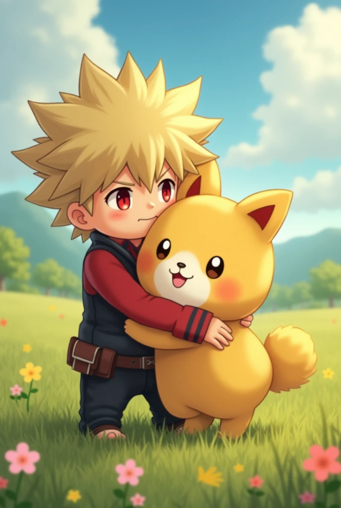 Bakugou Katsuki with Pompompurin, hugging in a field