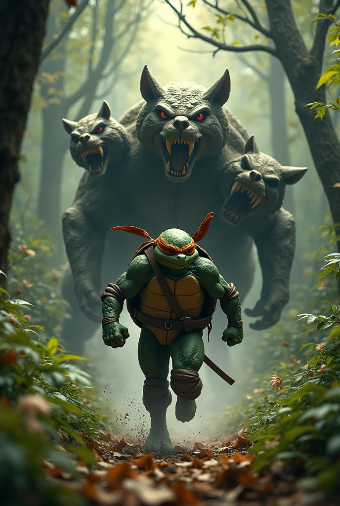 Ninja turtle running wrapped in Cerberus In a forest 