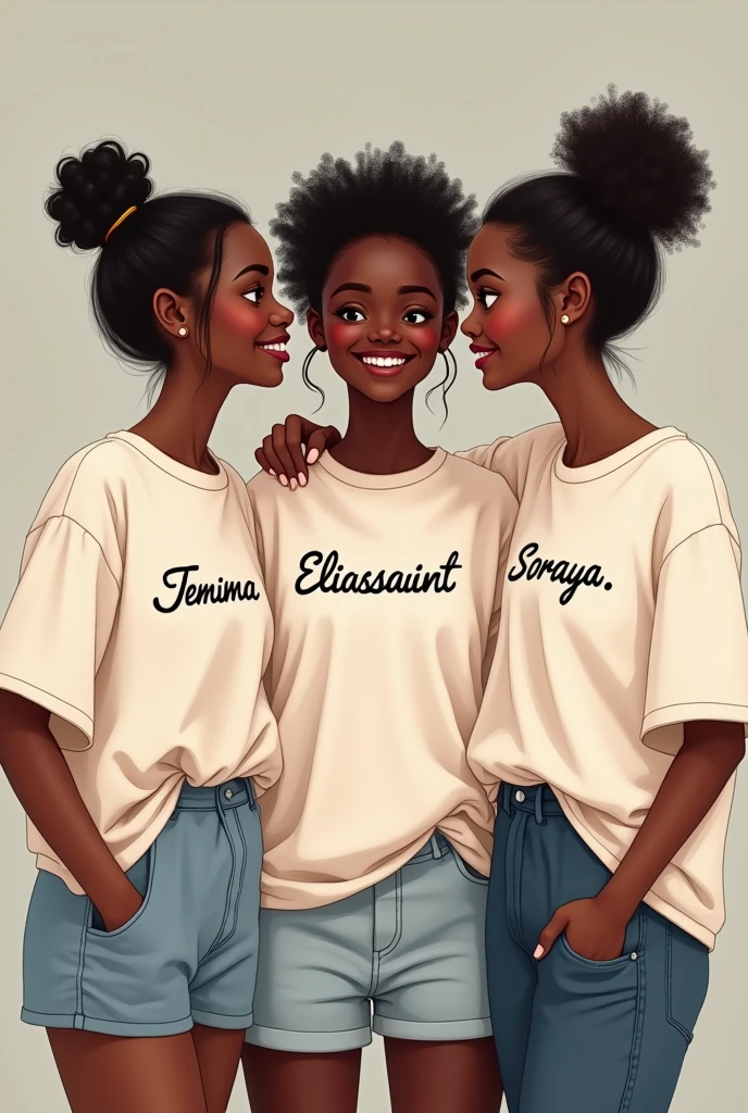 Trois amies filles qui portent des gros t-shirt , le premier t-shirt est écrit Jemima , le deuxième t-shirt est écrit Eliassaint et le troisième  t-shirt est écrit Soraya .S 
 . Elles sont noirs , elles n’ont pas beaucoup de cheveux,  elles ont fait des chignons. 
Il faut que les noms sur les t-shirt se voient clairement 
Il ne faut pas oublier de mettre un point et un S majuscule sur le troisième t-shirt 
Je ne  veux pas des images d'enfants car elles ont 19 ans