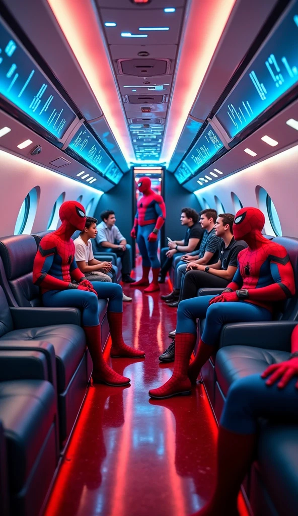 The inside of the plane, with a Spider-Man themed decoration,, armchairs, red and blue floor and ceiling displaying cutting-edge technology and luxurious comfort. We see several Spider-Men from different universes with different colored uniforms talking and having fun with human passengers., children, adolesecnets, adults.]
