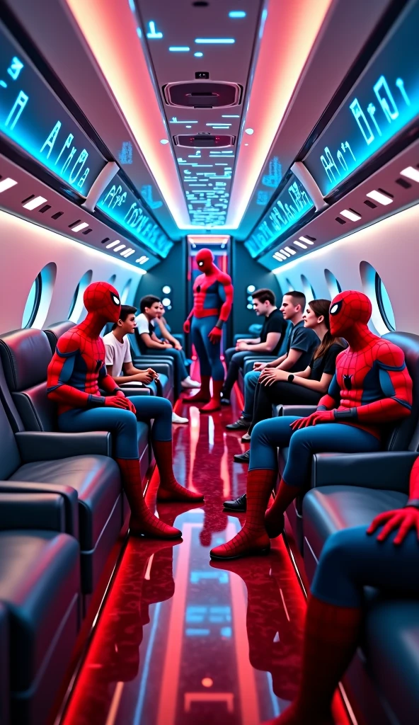 The inside of the plane, with a Spider-Man themed decoration,, armchairs, red and blue floor and ceiling displaying cutting-edge technology and luxurious comfort. We see several Spider-Men from different universes with different colored uniforms talking and having fun with human passengers., children, adolesecnets, adults.]