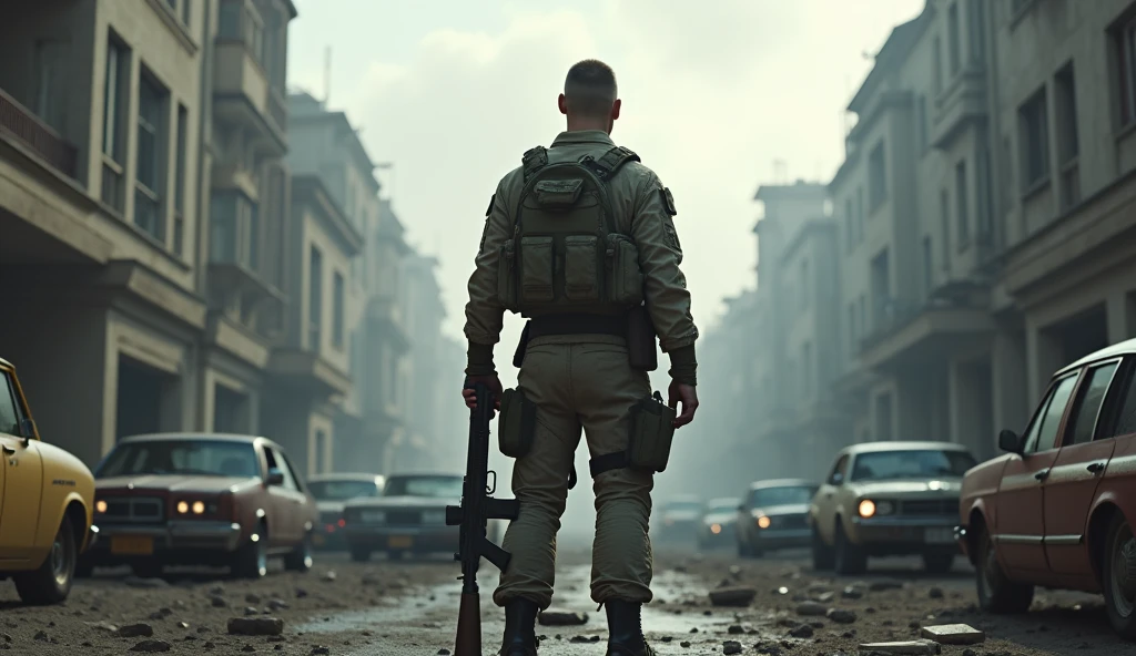 , ((masterpiece, of the highest quality, Maximum image quality, High resolution, photorealistic, raw photo, 8k)), ((Extremely detailed 8k unified CG wallpaper)), A spark standing dressed as a marine soldier and holding a pistol on his thigh and an M41 rifle in his hands in the middle of many abandoned buildings and destroyed cars as if he were the only survivor and particles can be seen in the environment as if a war had taken place