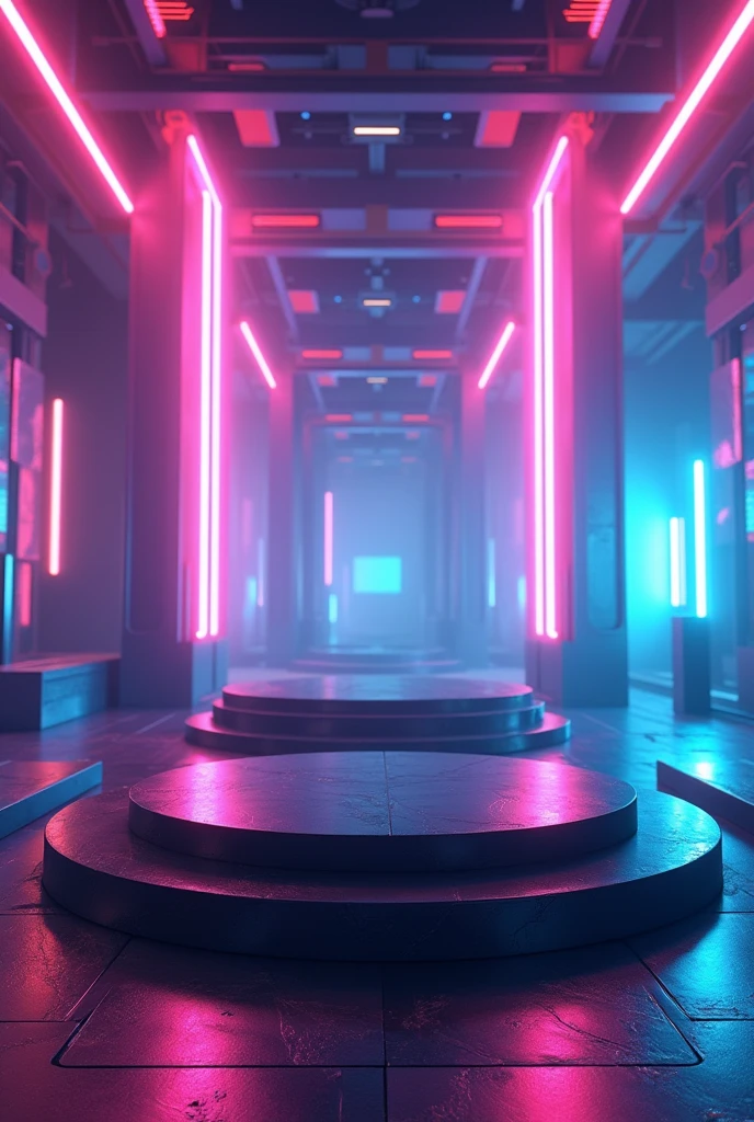 3D illustration rendering of futuristic technology cyberpunk display scifi gaming stage pedestal background gamer banner podium sign fluorescent psychedelic chromatic