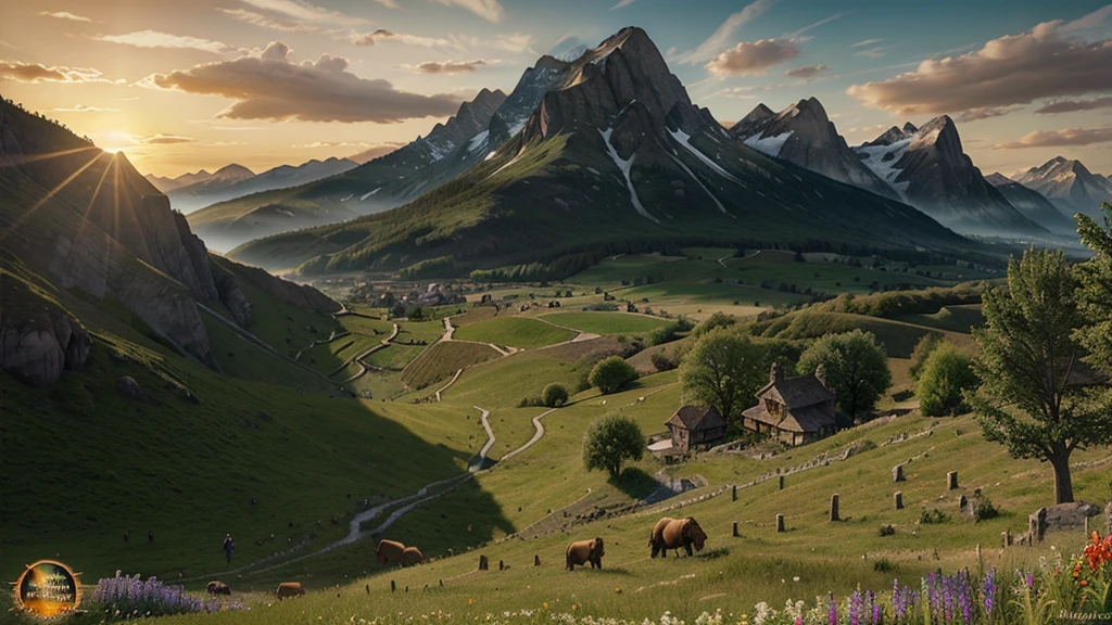 Fantasy landscape, pointed mountains, wide-open fields, sun set, See, World of Warcraft, village