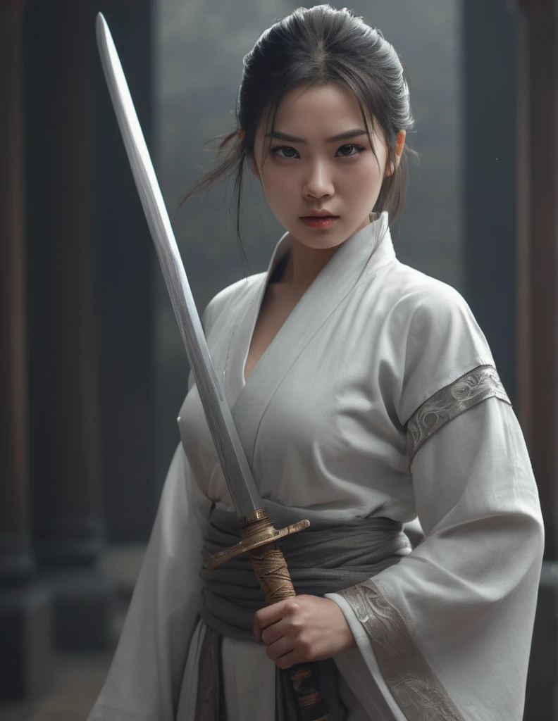 asian 1girl, high quality,masterpiece,8k,ultra-detailed,cinematic lighting,dramatic lighting,dramatic pose,powerful,imposing,muscular build,serious expression,piercing brown eyes,sharp features,exquisite details,refined features,elegant,flowing robes,ornamental sword,battle-worn,gritty,fantastical,editorial illustration style,monochromatic,white and gray tones,loish