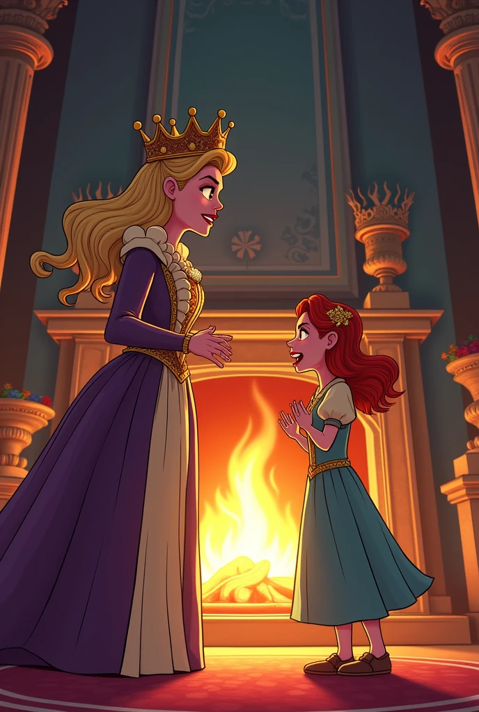 Create a scene of a queen and princess arguing loudly, with a fireplace in the background in a cartoon style
