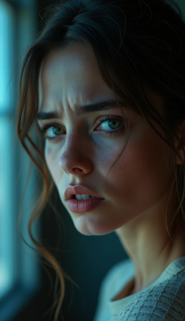 (photorealism:1.2), A dramatic portrayal of a 25-year-old woman, stunningly beautiful but visibly upset. Her face shows a mix of sorrow and frustration, captured in a close-up with detailed, expressive features. The background is softly illuminated, with a blend of cool and warm tones to heighten the emotional impact. The scene is cinematic and atmospheric, with realistic textures and dynamic lighting, UHD, ultra-sharp focus, 8k.