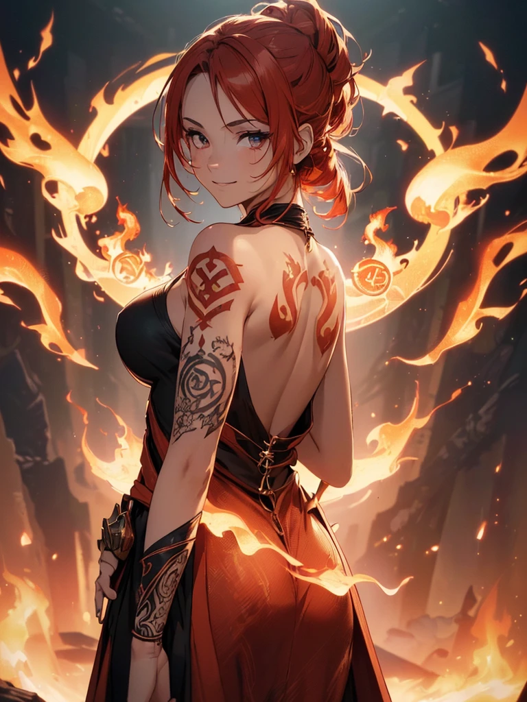 (((best quality, sharp image, clear image, cinematic lighting, 8k resolution, masterpiece, ultra detailed, intricate))) Girl, (((looking over left shoulder))), (shot from behind), fire mage, ((intricate background)), ((chaotic background)), red hair, smiling, ((flame runes, flame sigils)), (tatoo on back), slim figure, flying sigils, long dress, cute