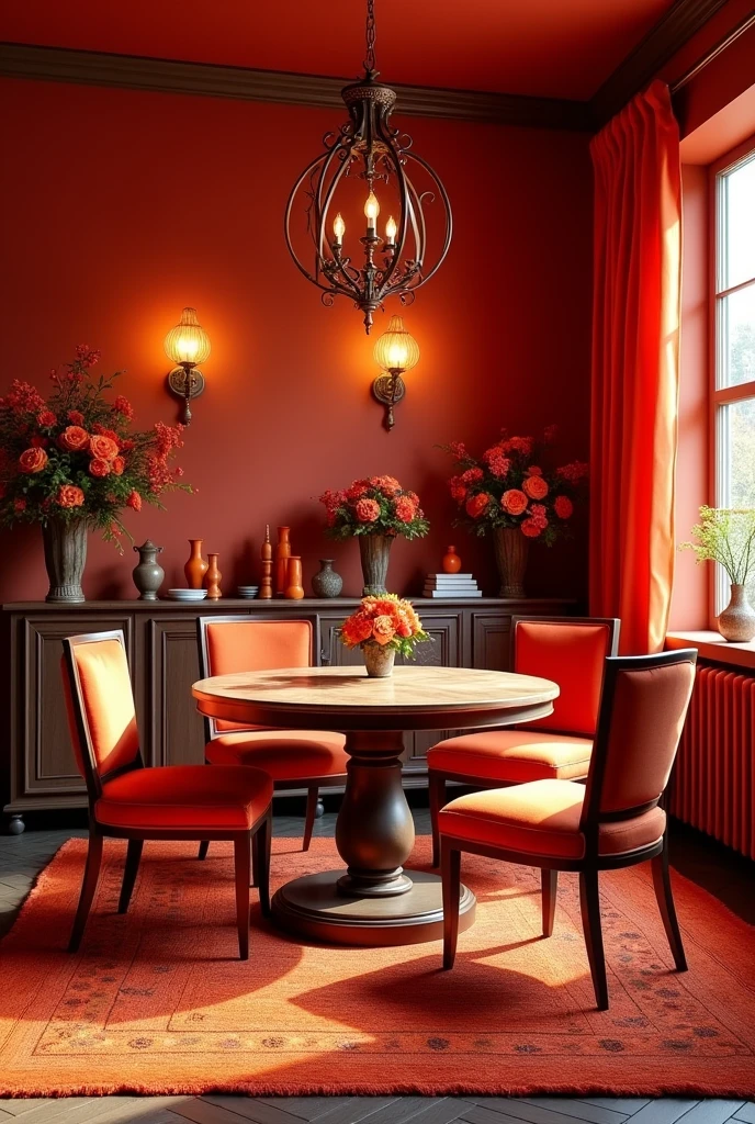 Dining room environment Decorated with red and orange colors