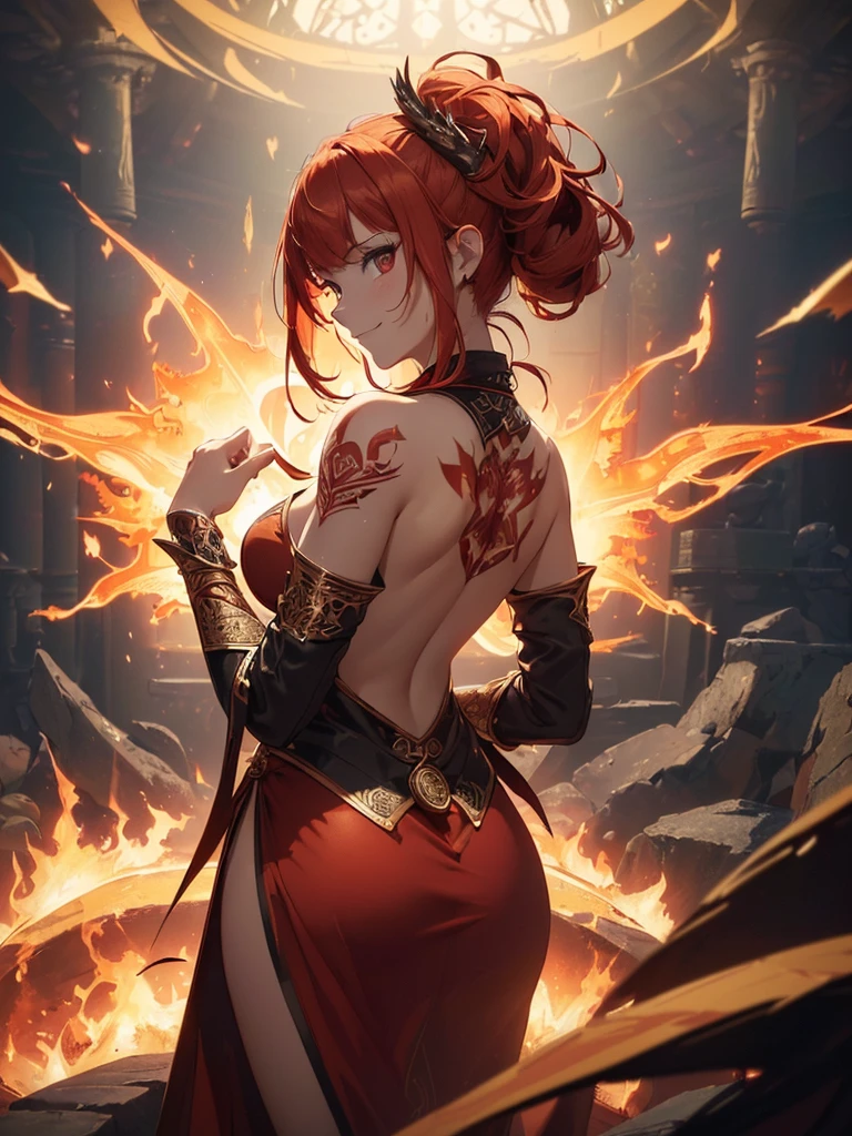 (((best quality, sharp image, clear image, cinematic lighting, 8k resolution, masterpiece, ultra detailed, intricate))) Girl, (((looking over left shoulder))), (shot from behind), fire mage, ((intricate background)), ((chaotic background)), red hair, smiling, ((flame runes, flame sigils)), (tatoo on back), slim figure, flying sigils, long dress, cute
