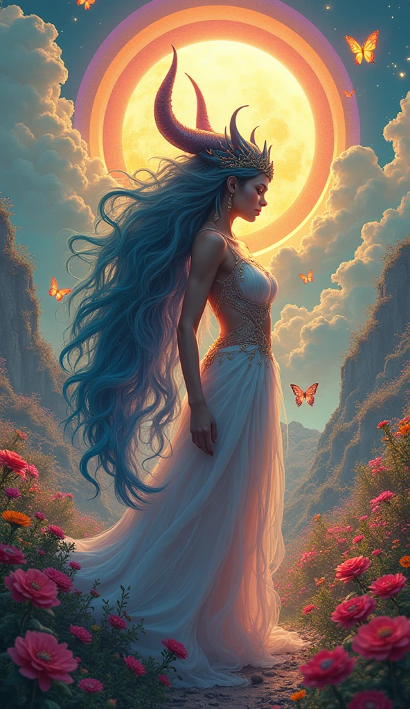 "Vibrant, dreamlike fantasy portrait of a mystical female figure surrounded by ethereal butterflies and a fantastical, colorful demonic creature against a backdrop of vibrant flowers, rainbow arches, and a glowing sun, highly detailed, digital art, concept art, artstation, stunning, fantasy, by artists Luis Royo and Julie Bell"
The image depicts a captivating scene featuring a female figure with long, rainbow-colored hair and vibrant, glowing skin. She is facing a large, demonic-looking creature with horns and a colorful, fantastical appearance. The pair are set against a backdrop of lush, vibrant flowers, rainbow arches, and a glowing sun, with ethereal butterflies fluttering around them. The overall atmosphere is dreamlike, magical, and visually striking.