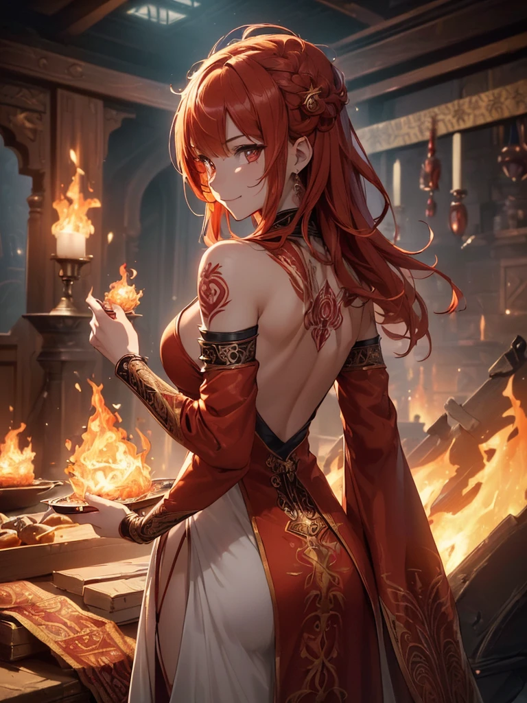 (((best quality, sharp image, clear image, cinematic lighting, 8k resolution, masterpiece, ultra detailed, intricate))) Girl, (((looking over left shoulder))), (shot from behind), fire mage, ((intricate background)), ((chaotic background)), red hair, smiling, ((flame runes, flame sigils)), (tatoo on back), slim figure, flying sigils, long dress, cute