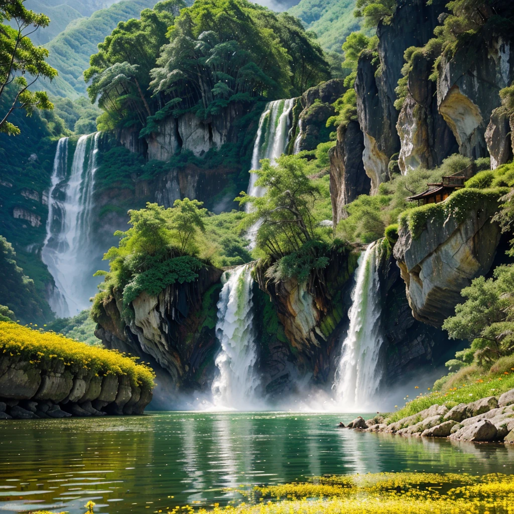 An idyllic space lies against a backdrop of bright green mountains and calm waters., where are the yellow flowers, like sunspots, scattered across the picturesque landscape. Small boat, painted in soft pastel tones, glides smoothly along the mirror-like surface of the river, reflecting the bright shades of the surrounding nature.
Surrounded by lush bamboo forests, the boat creates an atmosphere of privacy and peace. Majestic mountain peaks rise in the distance, covered with dense forests, where olive and emerald shades of foliage harmoniously intertwine with bright flowers.
Sunlight breaks through the foliage, creating magical patterns on the ground. Water the waterfall, rapidly falling from high cliffs, sparkles like a thousand diamonds, forming a rainbow in the spray. This mesmerizing natural landscape, filled with the sounds of nature and the fresh scent of flowers, takes your breath away and immerses you in an atmosphere of peace, reminiscent of traditional Chinese painting, where every element of nature is filled with deep meaning and beauty.