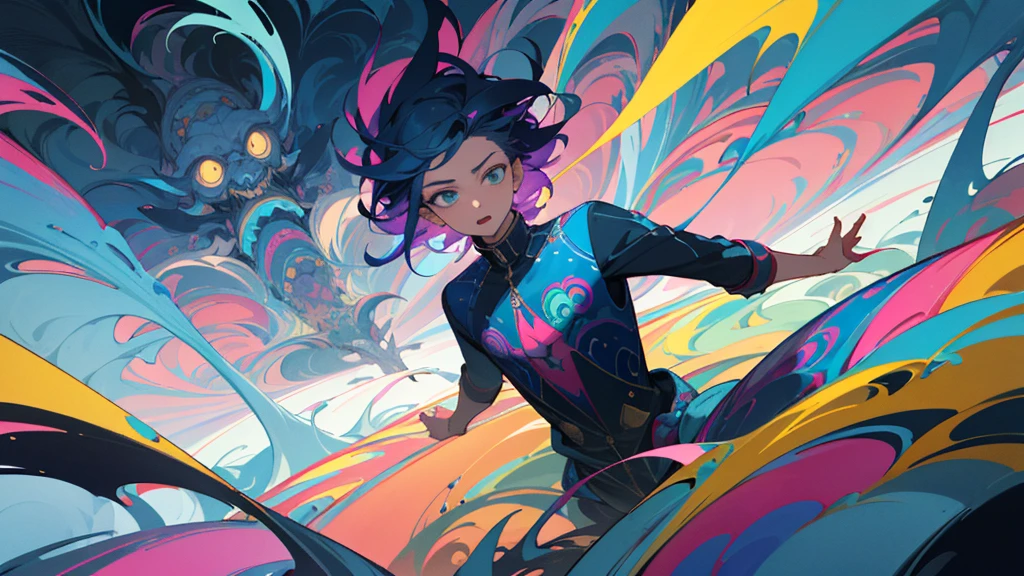 A 16-year-old boy with a slim build, dressed in casual clothes, immersed in a psychedelic dream world. The scene is vibrant and surreal, with swirling, colorful patterns and fantastical elements surrounding him. His expression is one of wonder and curiosity as he explores this trippy, dream-like environment.