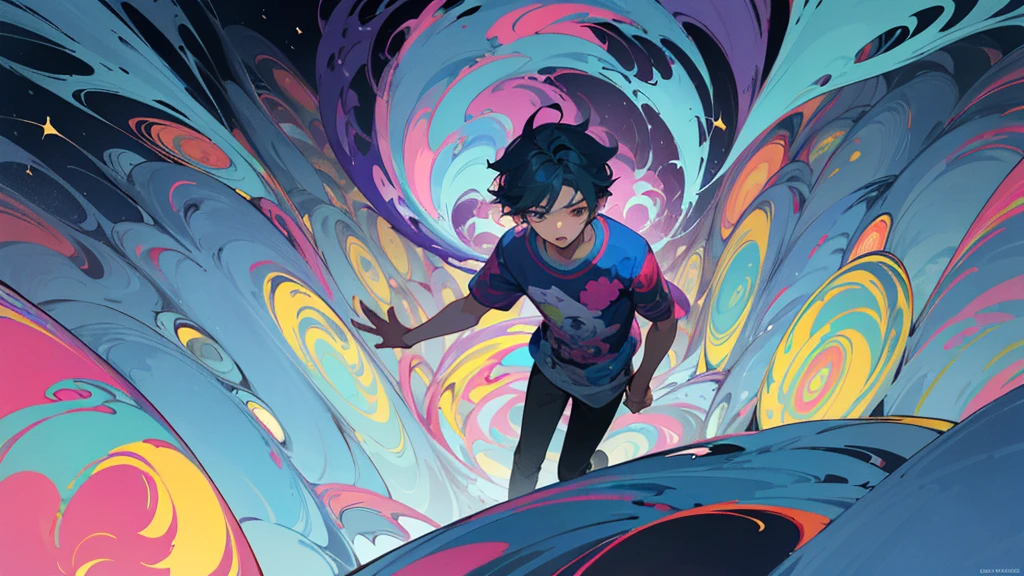 A 16-year-old boy with a slim build, dressed in casual clothes, immersed in a psychedelic dream world. The scene is vibrant and surreal, with swirling, colorful patterns and fantastical elements surrounding him. His expression is one of wonder and curiosity as he explores this trippy, dream-like environment.
