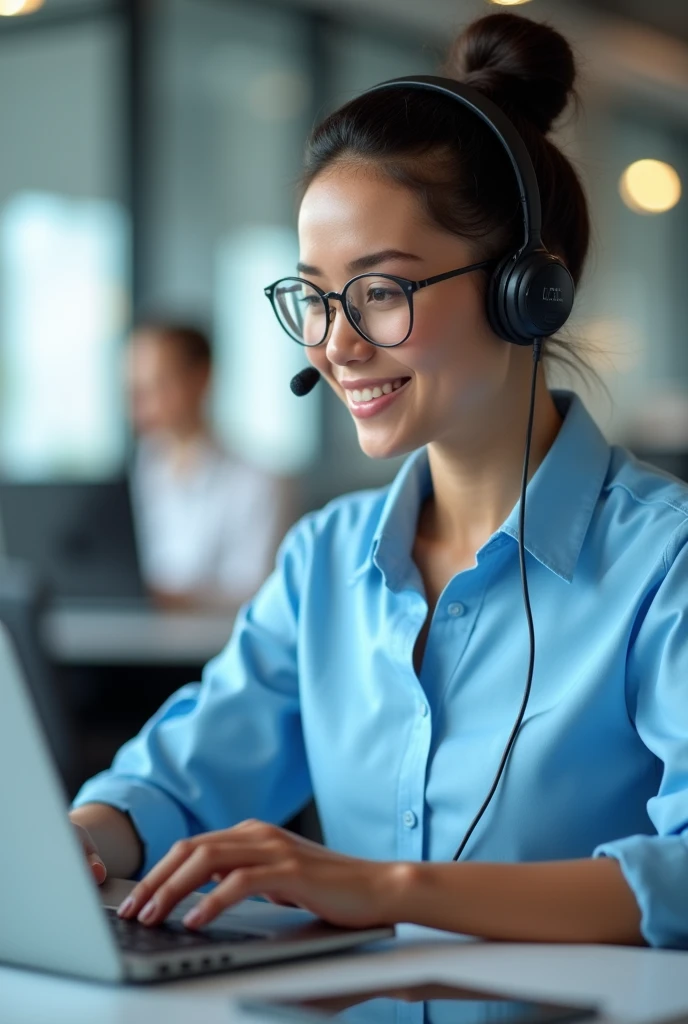 Lady with headphones and microphone wearing a full sky blue customer service shirt answering a call, sharp image, hair with bun typing on laptop keyboard playing her earphone with black hair looking at us
