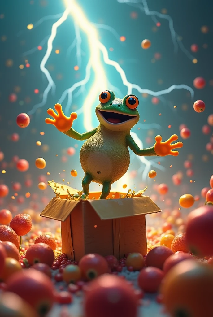 theme:Scene of Happiness, realistic photo, Vacuum cleaner pops out of gift box, The best happy performance、be happy、smiling frog、big lightning,