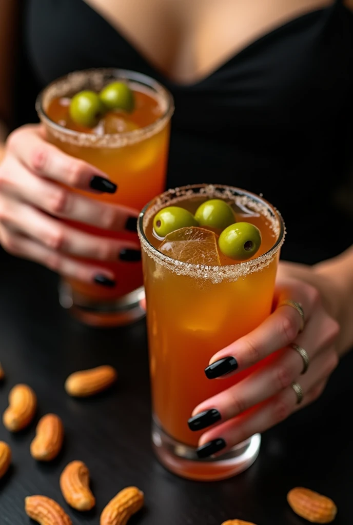 Poste instagram, sexy femme, cocktails olives et cacahuetes, sans visage seulement mains avec longs ongles noirs