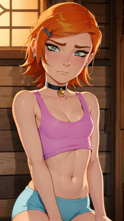 fantasy, pixar, (masterpiece), (one drawn heart floating in air), gwendolyn_tennyson, al3xt4nn3r, alextanner-ti, solo, 1girl, Beautiful face, detailed face, detailed eyes, small breast, cleavage, sexy, lipstick, black colored lipstick, ginger hair, slim, thick thighs, short hair, blonde streaks in hair, mischievous, Pale skin, large Freckles, small waist, Sitting on a wooden stool, tight clothes, thin clothes, chest covered, pink shirt, Tank-top, thin shorts, White gym shorts, frilled socks, (grumpy:1.2), ((Choker with brass bell)), (sweaty:1.0), sweat, oiled, abs, black high heels, shadows, cozy, moody lighting, rim light, sun shafts, outdoors, tavern styled house, outside a Farmhouse drinking Coffee, crates, (cowboy shot:1.5)