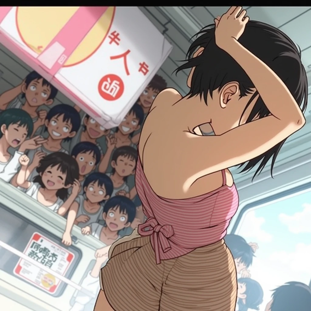 (Highest quality、8k、32K、masterpiece、Ultra-high resolution:1.2)、
Japanese Idols、very cute、(((Place your hands behind your head)))、Eyes closed、
Inside the train、((Crazy behavior))、(Her breasts are being fondled by a number of men:1.3)、(She is being touched all over by a large group of men.:1.2)、(Surrounded by a large group of men)、(Being hugged by a man:1.3)、