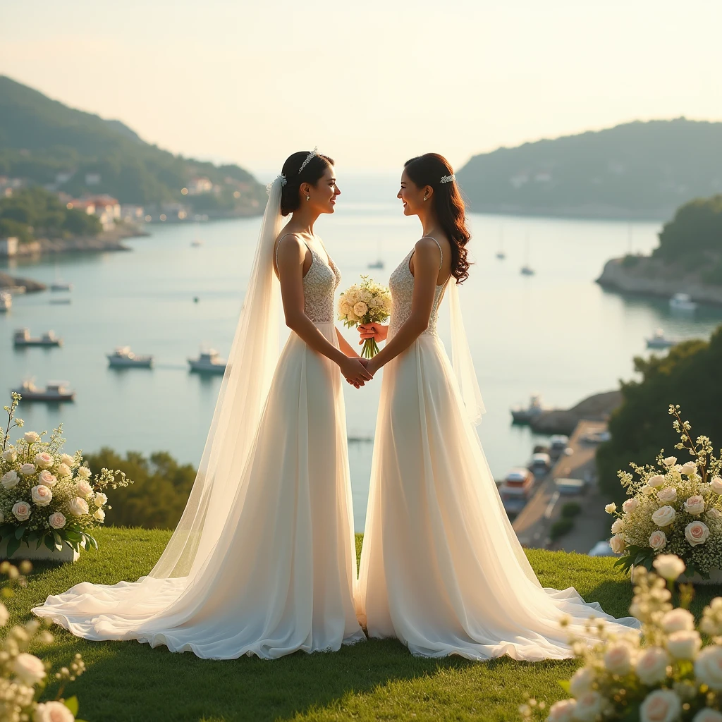 Two brides holding their wedding ceremony on a hill overlooking the harbor