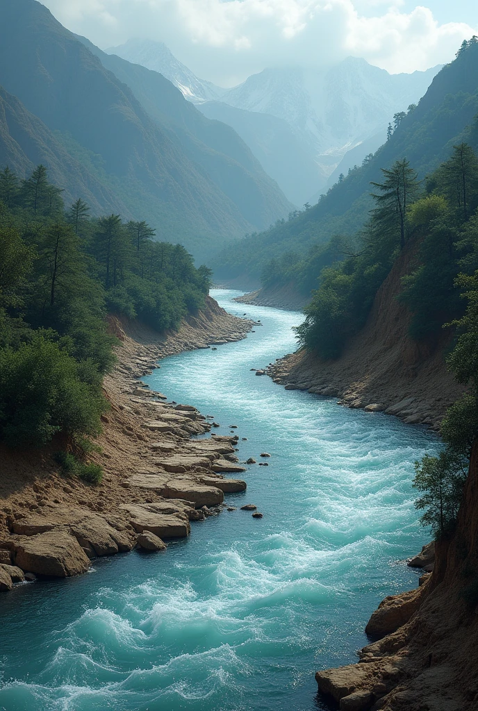 An image of an Andean river with visible changes in the flow of water, such as droughts or floods.