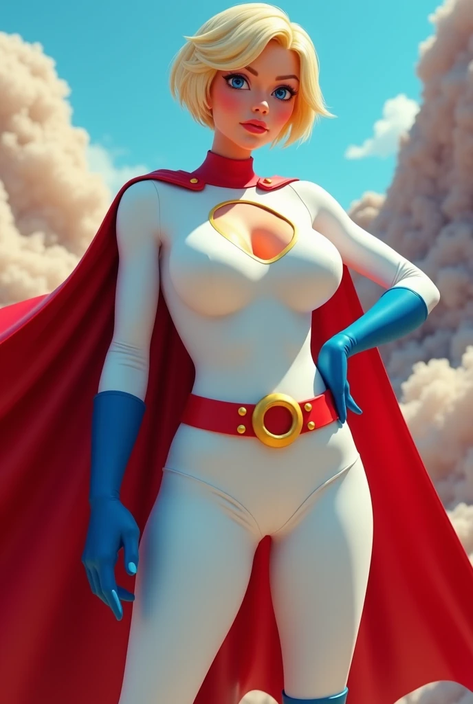 FULL BODY. A  BUSTY FEMALE WITH SHORT BLONDE HAIR, BLUE EYES WEARING A WHITE TURTLE NECK LEOTARD WITH LONG SLEEVES, A LARGE ROUND CLEAVAGE CUT OUT HOLE ON THE CHEST, BLUE GLOVES, BLUE BOOTS, A RED BELT WITH A GOLD CIRCLE, A LONG RED CAPE ATTACHED AT THE NECK WITH ONE GOLD CIRCLE CLASP. (THICK ROUND PERKY BREASTS). ABSURD 8K RESOLUTION, DYNAMIC BACKGROUND.