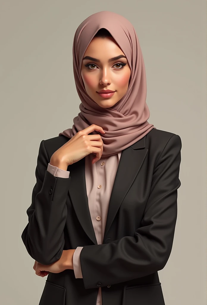 (a beautiful 20-year-old woman wearing a hijab, confident expression, bright eyes) her complete body is seen till    her feet her one hand on her sholder