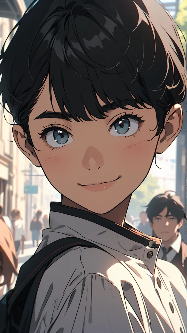 Look forward, high school student, Young people, teenager, kind and refreshing Young people, Kind eyes, Baby Face, smile, Honor student, Wearing a white shirt, Short black hair, short hair, Center parting, 8k, High resolution, Order a light, Portraiture, Expressive, Sharp focus, masterpiece