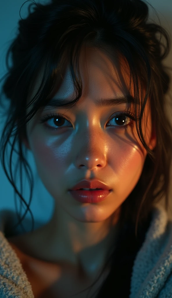(photorealism:1.2), A dramatic portrayal of a 25-year-old woman, stunningly beautiful but visibly upset. Her face shows a mix of sorrow and frustration, captured in a close-up with detailed, expressive features. The background is softly illuminated, with a blend of cool and warm tones to heighten the emotional impact. The scene is cinematic and atmospheric, with realistic textures and dynamic lighting, UHD, ultra-sharp focus, 8k.
